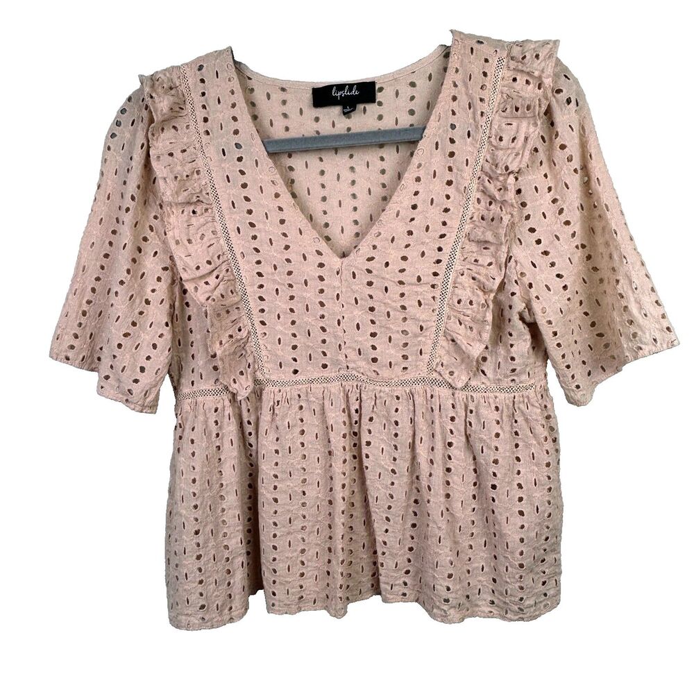 Lipslide Eyelet Ruffle Short Sleeve Top Nude Pink Cotton Blouse Peplum Shirt L